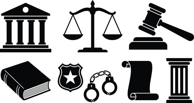 Law and justice black silhouette icon set with courthouse scales of justice gavel law book handcuffs and scroll