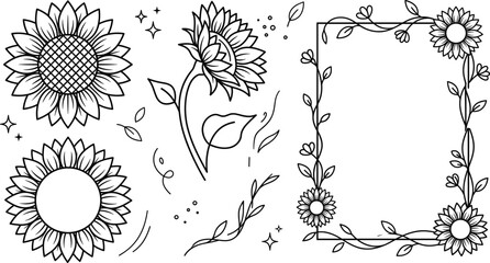 Sunflower floral frame icon set vector outline collection for summer botanical border wedding invitation greeting card rustic decoration. © MDSAIFUL