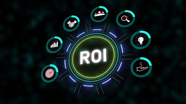 Return On Investment Animation R O I Business Finance Marketing Strategy Growth Success. ROI Animation Showing Return On Investment And Growth.Business Strategy And Data Drive Profit And Success.