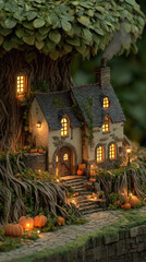 Fototapeta premium Cozy cottage fairy tale house pumpkin autumn warm light tree root miniature fantasy moss stone step lantern halloween rustic magical enchanted