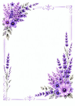 Elegant floral frame with watercolor lavender and purple flowers in corners. Perfect for invitations, greeting cards, or wedding designs.