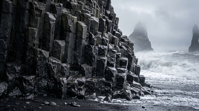 Ultra-detailed view of black volcanic basalt columns rising from a black sand beach, with wet rock textures, soft ocean mist, and dramatic natural coastal scenery.