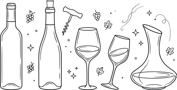 Wine bottle and glass icon set vector outline collection of decanter corkscrew grape leaf for alcohol drink beverage.