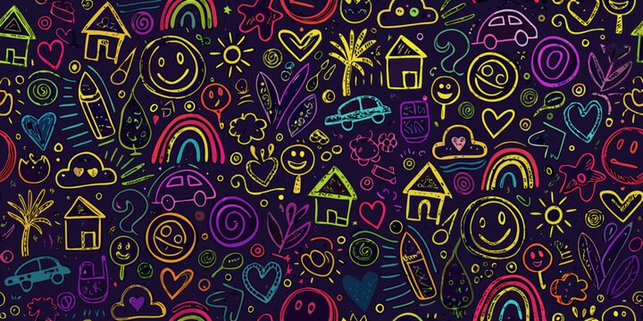 Colorful doodle collage featuring houses hearts and smiling faces vector illustration