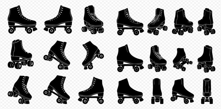 Collection of roller skates in various angles and views, vintage style quad skates silhouette set.