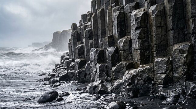 Ultra-Detailed Close-Up of Black Volcanic Basalt Columns on Black Sand Beach with Ocean Mist