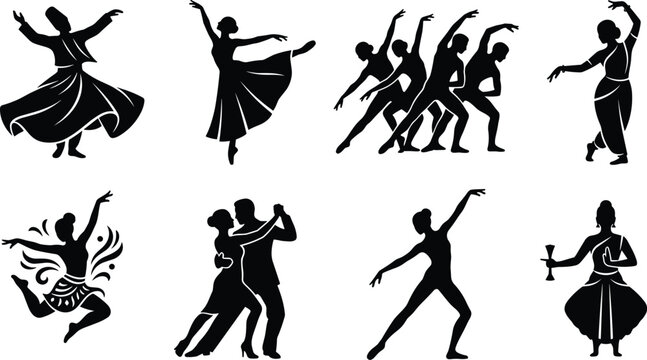 Collection of dance silhouettes featuring Whirling Dervish ballet modern group contemporary tango ballroom and traditional cultural dancers set