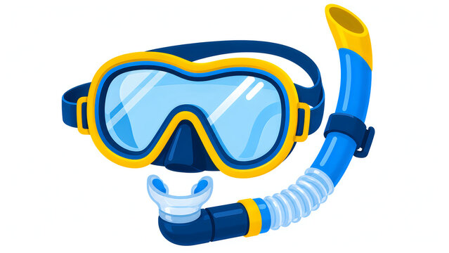 Snorkeling gear, diving mask, blue and yellow snorkel, swimming goggles, scuba diving equipment
