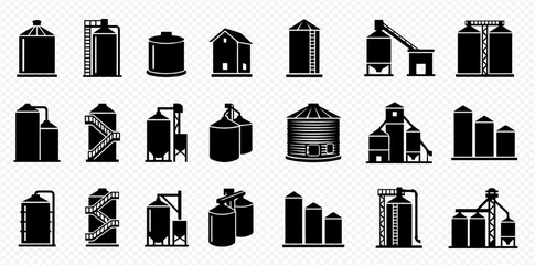 Industrial Silos and Storage Tanks Icon Set: Vector Illustrations of Grain Elevators, Water Towers, and Chemical Containers for Agriculture and Manufacturing. © Adji