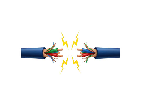 Broken electrical wires with sparks, representing danger, short circuit, or electrical hazard
