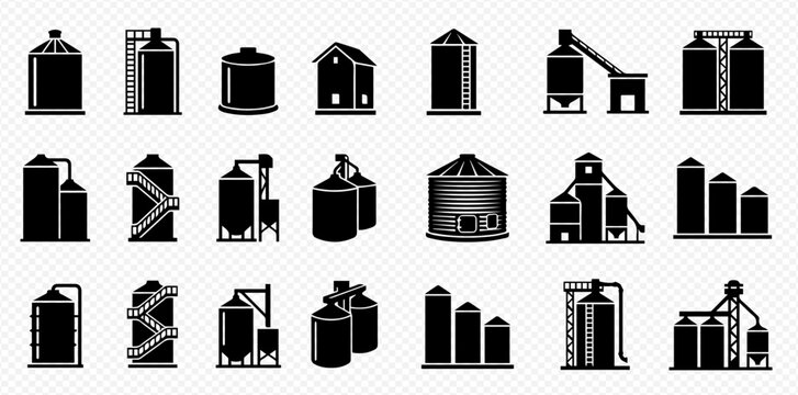Industrial Silos and Storage Tanks Icon Set: Vector Illustrations of Grain Elevators, Water Towers, and Chemical Containers for Agriculture and Manufacturing.