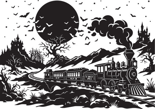 Halloween Ghost Train Silhouette Landscape With Full Moon And Flying Bats For Seasonal Poster Designs