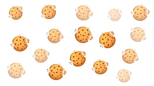 Many chocolate chip cookies scattered across white background multiple tasty sweet treats.
