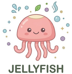 Naklejka premium cute pink jelly fish in the sea cartoon for poster flashcard and education