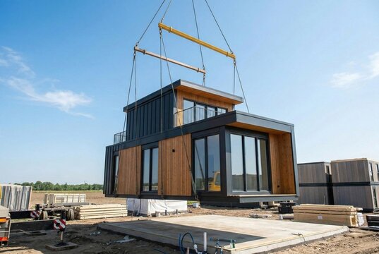 Construction site showing crane placing a modern two-story prefab house