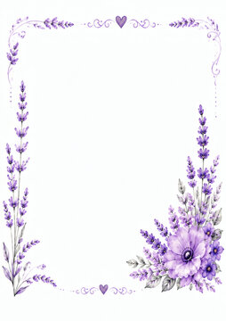 Elegant watercolor purple floral frame with lavender flowers and hearts. Perfect for invitations, greeting cards, wedding decor, and announcements. Copy space in the center.