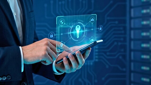 Businessman interacting with a digital key and security interface on a smartphone screen