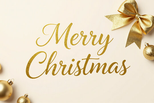 Gold script spells "Merry Christmas" on soft cream background