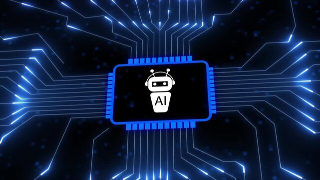 Futuristic AI robot icon on glowing circuit board artificial intelligence. AI bot with circuit board and digital network. Futuristic system enabling smart machine learning and data processing.