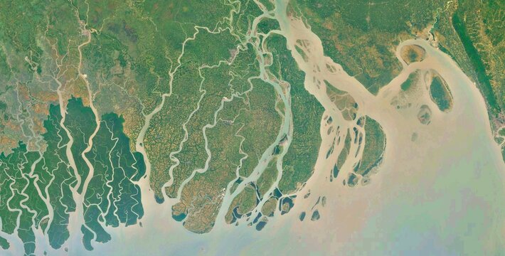 Satellite View of Sundarbans Mangrove Delta Bay of Bengal