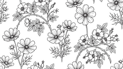 Vintage wild rose and cosmos flower line art seamless pattern © Vistara Studio