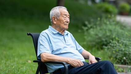 Obraz premium Elderly Man in Wheelchair Enjoying Nature: An elderly Asian man with a peaceful expression is seated in a wheelchair, resting outdoors amidst lush greenery and dappled sunlight.