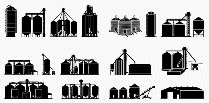 Set of various grain silo and storage tank silhouettes for agricultural and industrial use.