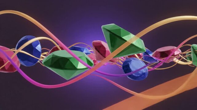 Vibrant green and blue gems entangled with colorful ribbons on dark background