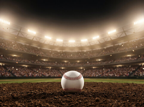 Baseball on infield dirt in a stadium at night
