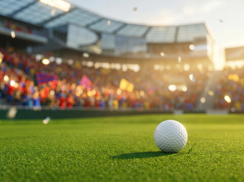 Golf ball on green grass at professional stadium with cheering crowd