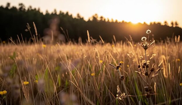 Golden Sunset Over Wildflower Meadow Beautiful Nature Scene