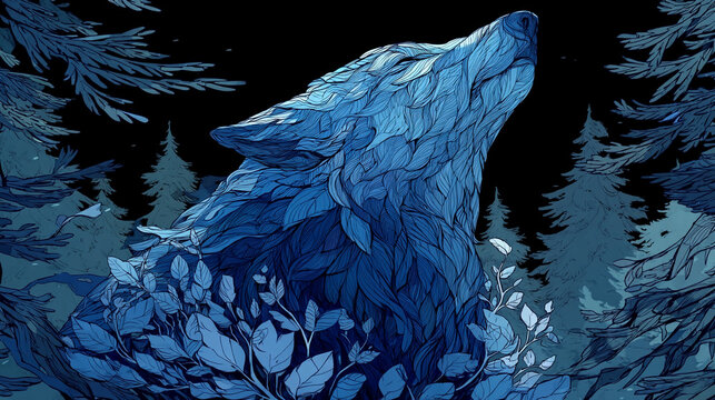 Close up artistic illustration of a blue wolf howling in dark forest with blue tones, artistic