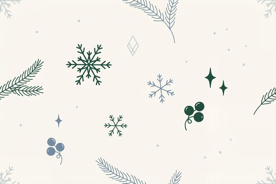 A seamless pattern featuring green pine branches, dark berries, and various snowflake shapes on a light beige background, for winter themes