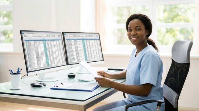 Young woman in scrubs performing medical coding and insurance billing tasks.