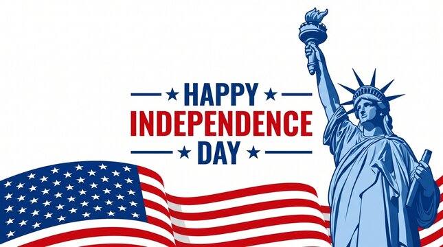 Happy independence day usa text with statue of liberty and american flag isolated on transparent background, Vector, illustration