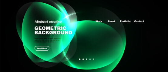 Obraz premium Abstract green shapes form dynamic website header. Text details geometric background, includes navigation, button. Dark backdrop enhances visual impact.