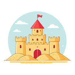 Fototapeta premium Flat illustration of a sand castle with red flag