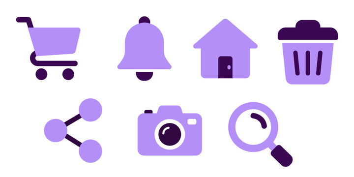 Purple user interface icon set featuring shopping cart, notification bell, homepage, trash bin, share button, camera, and magnifying glass search symbols