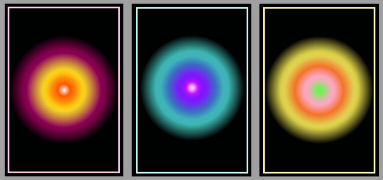 A set of three vertical frames containing vibrant, glowing gradient aura or energy circles in colorful neon tones against a black background with matching borders
