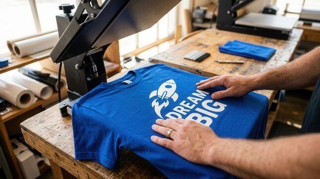 Close up of a person applying a dream big graphic print to a blue t-shirt in a workshop.