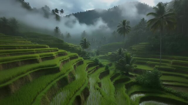 Lush Green Rice Terraces in Misty Mountains Landscape.