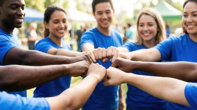 Close up of volunteer charity team joining hands to express community support.