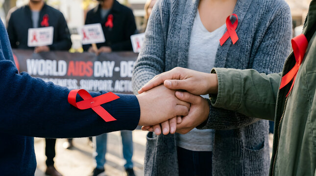 People stacking hands with red awareness ribbons for aids support