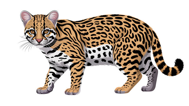 Full length side view of a spotted ocelot standing alert isolated on white background with predator wildlife standing isolated background carnivore tropical watchful portrait