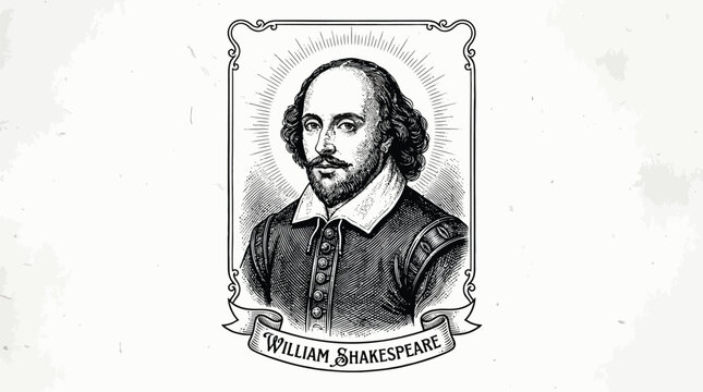 Shakespeare emblem displays the legendary dramatist centered within a decorative ornate frame with a ribbon banner below it.