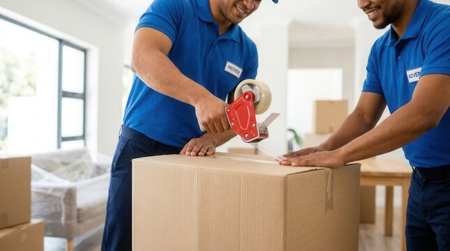Diligent movers using a tape dispenser to secure cardboard boxes during a move