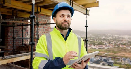Man, thinking and construction worker on site with tablet for email feedback on renovation. Technology, planning and male civil engineer with contact for approval on building, maintenance or repairs.