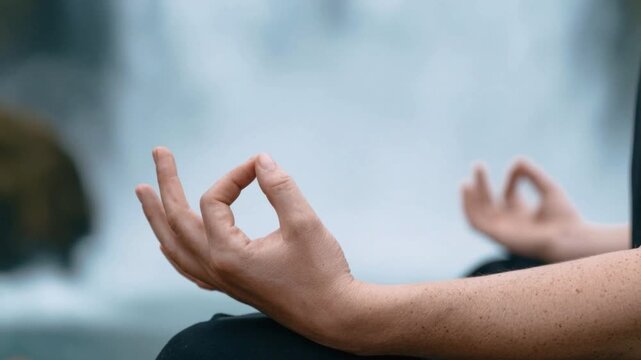 Close-up of person meditating with hand in yoga mudra pose near waterfall focus on gesture and serene natural background for relaxation