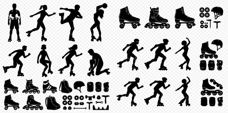 Set of roller skating silhouettes, including people in various poses and roller skate equipment.