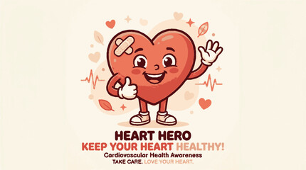 Fototapeta premium Friendly cartoon heart mascot giving thumbs up for cardiovascular health awareness